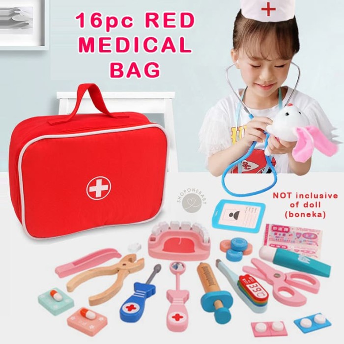 Jual 16pc + Red Medical Bag Pretend Play Doctor Wooden