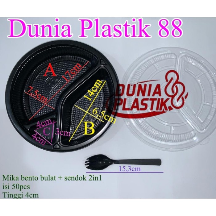 Jual isi50pc mika tray  BENTO BULAT  SENDOK 2in1 sekat 3 