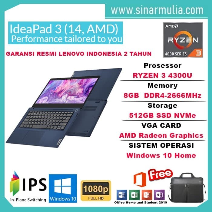 Jual Lenovo ideapad Slim 3 Ryzen 3 4300U 8GB 512GB SSD