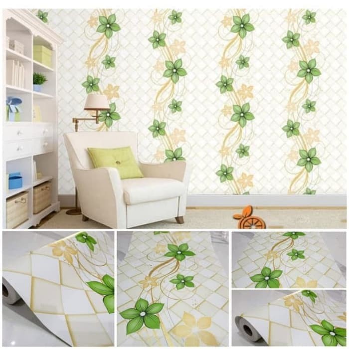 Jual Wallpaper  Dinding  Motif Bunga Hijau  gold Kotak 