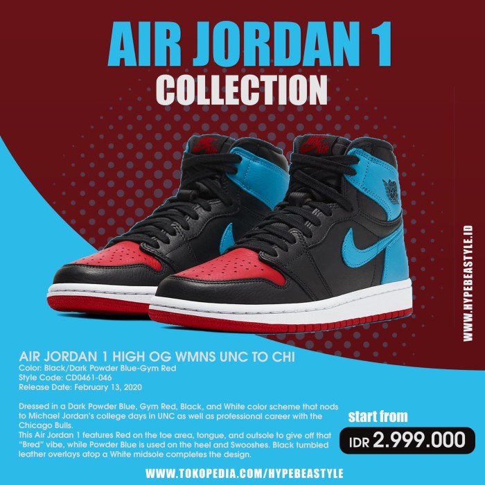 Jual SEPATU  AIR JORDAN  1 HIGH UNC TO CHI GIRLS SIZE 