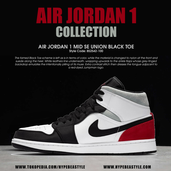 Promo SEPATU  AIR JORDAN  1 MID SE UNION BLACK TOE ORIGINAL 