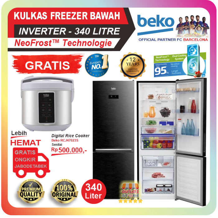  Jual  Kulkas 2 Pintu  Inverter Freezer Bawah  BEKO 340 Liter 