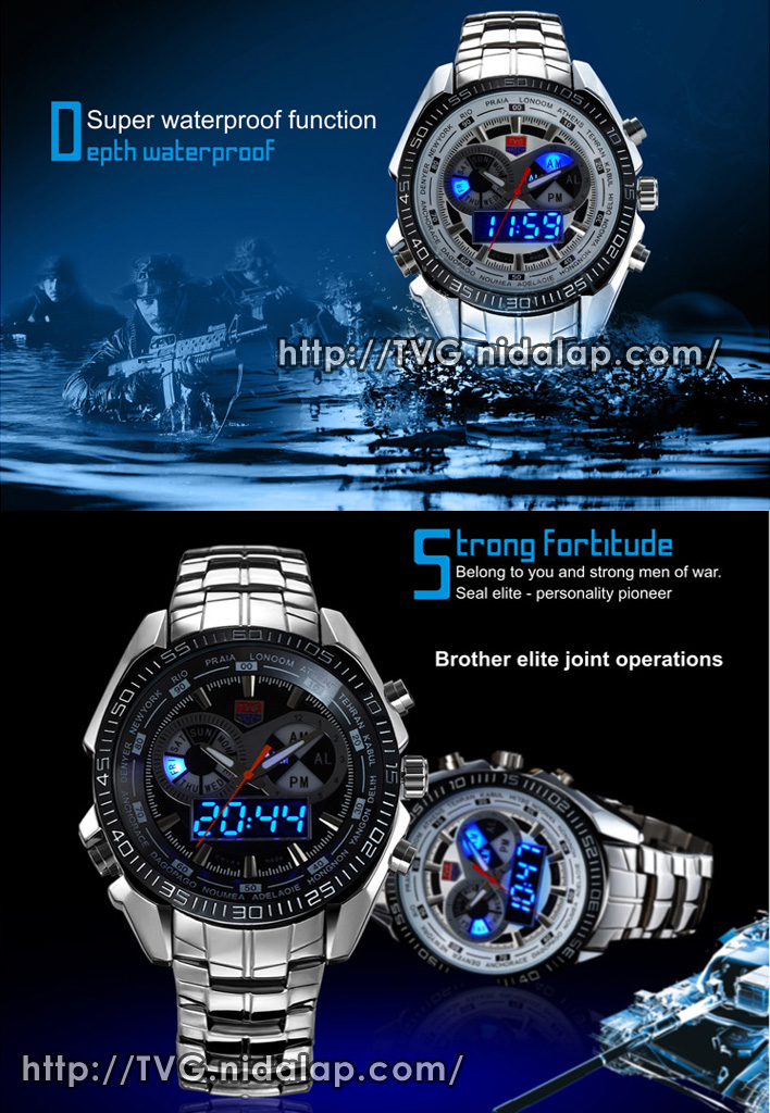 Jam Tangan Fashion Stainless Dual Time (LED + Analog) ORIGINAL TVG Ven