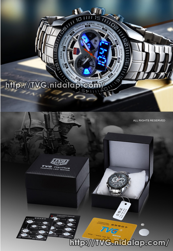 Jam Tangan Fashion Stainless Dual Time (LED + Analog) ORIGINAL TVG Ven
