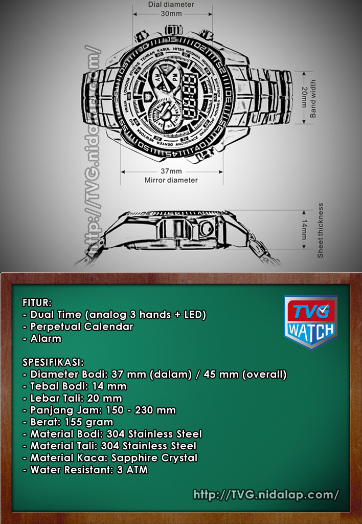 Jam Tangan Fashion Stainless Dual Time (LED + Analog) ORIGINAL TVG Ven