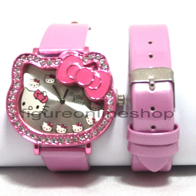 JAM TANGAN KULIT HELLO KITTY KEPALA PINK MUDA