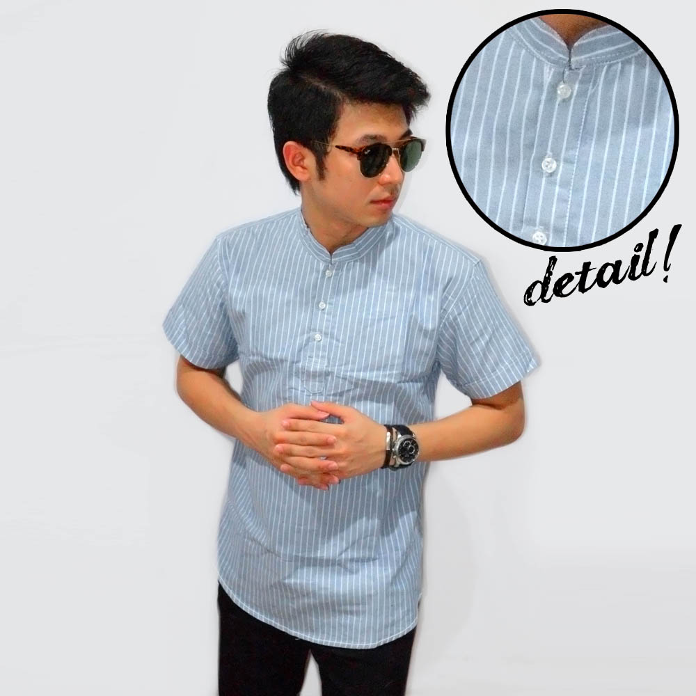 Jual Kemeja Baju Koko Muslim Pria Pendek Fashion Oxford Stripe