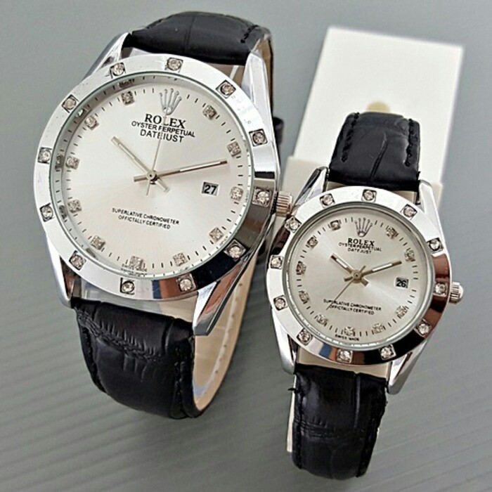 Jam Tangan Rolex Couple Analog Leather Black Silver Sepasang