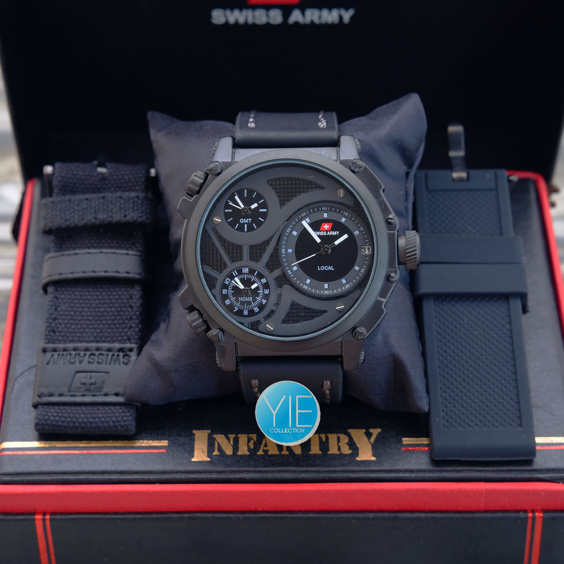 Jual Jam Tangan Swiss Army Triple Time Paket 3 Tali - Hitam List Putih - Yororo