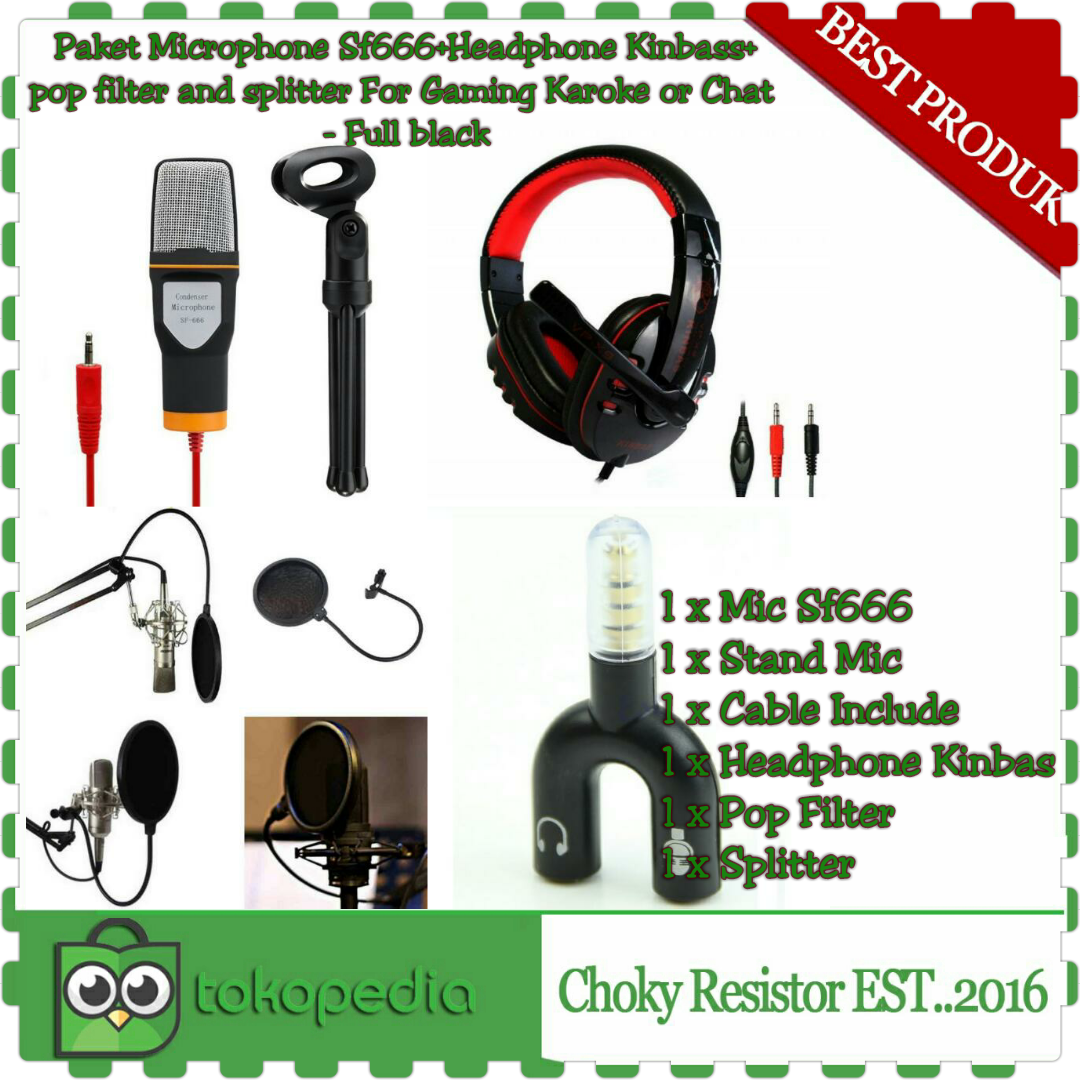 Paket Microphone Sf666+Headphone Kinbass+pop filter and splitter