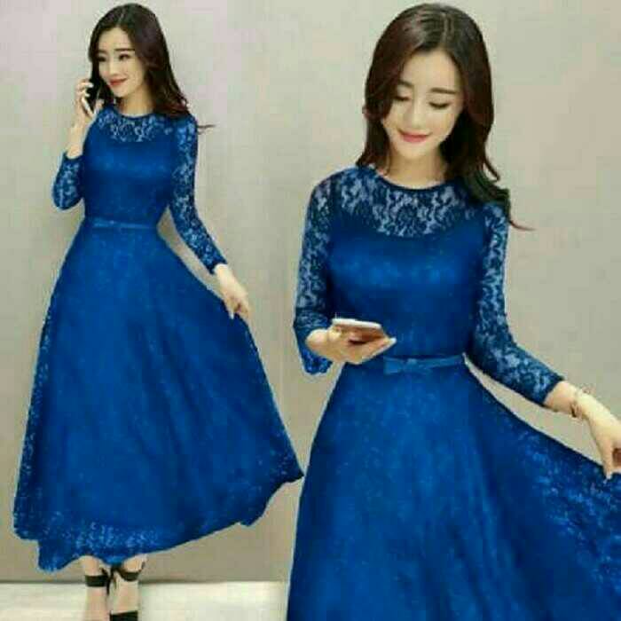Maia blue long dress gaun pesta brukat maxi