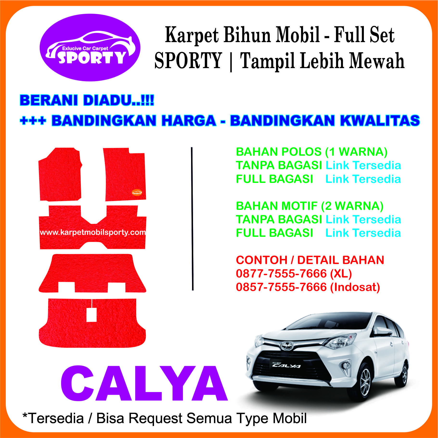 Karpet Mobil Mie Bihun CALYA Non Bagasi - Bahan 1 Warna