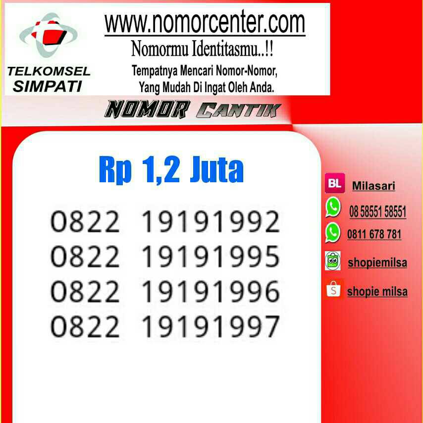 Jual Nomor Cantik Simpati Tsel Seri Tahun 0822 1919 1992 1997 NC 230 DKI Jakarta nomor