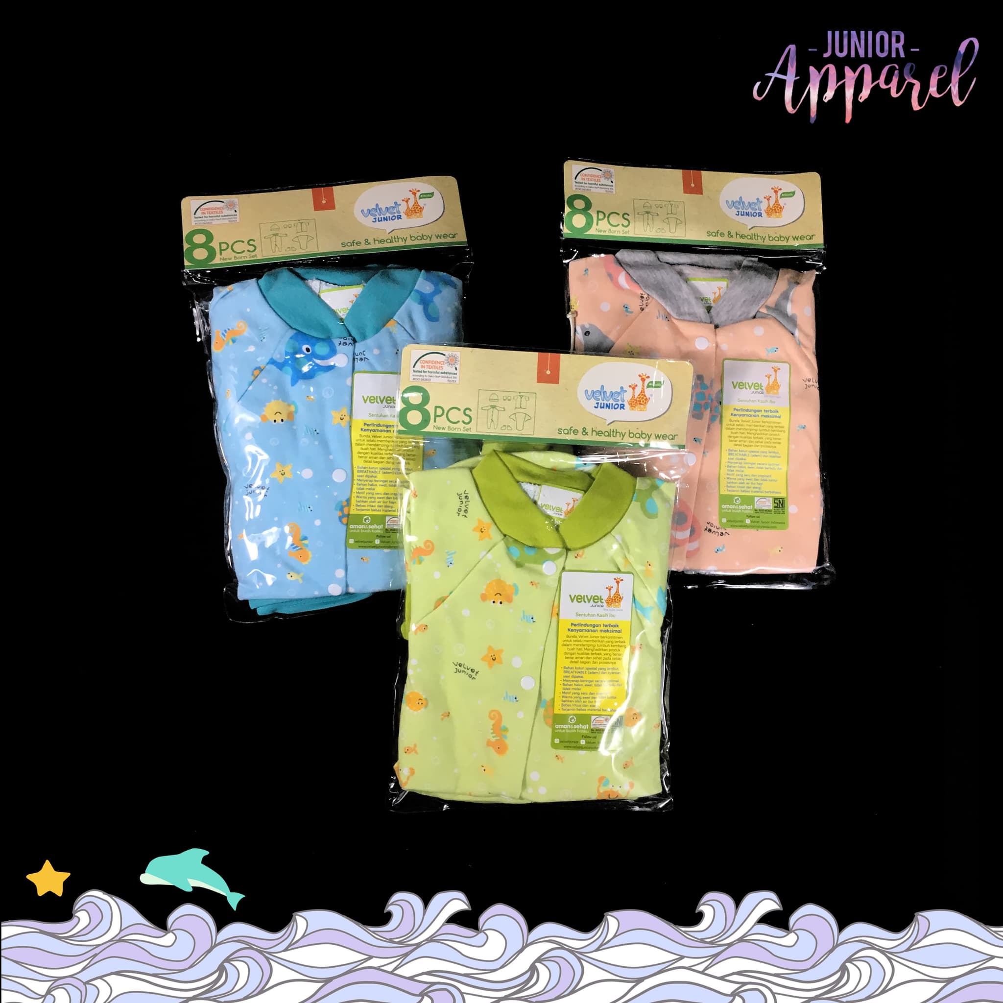 Velvet Junior New Born Set 6 In 1 Baju Tidur Piyama Bayi Motif