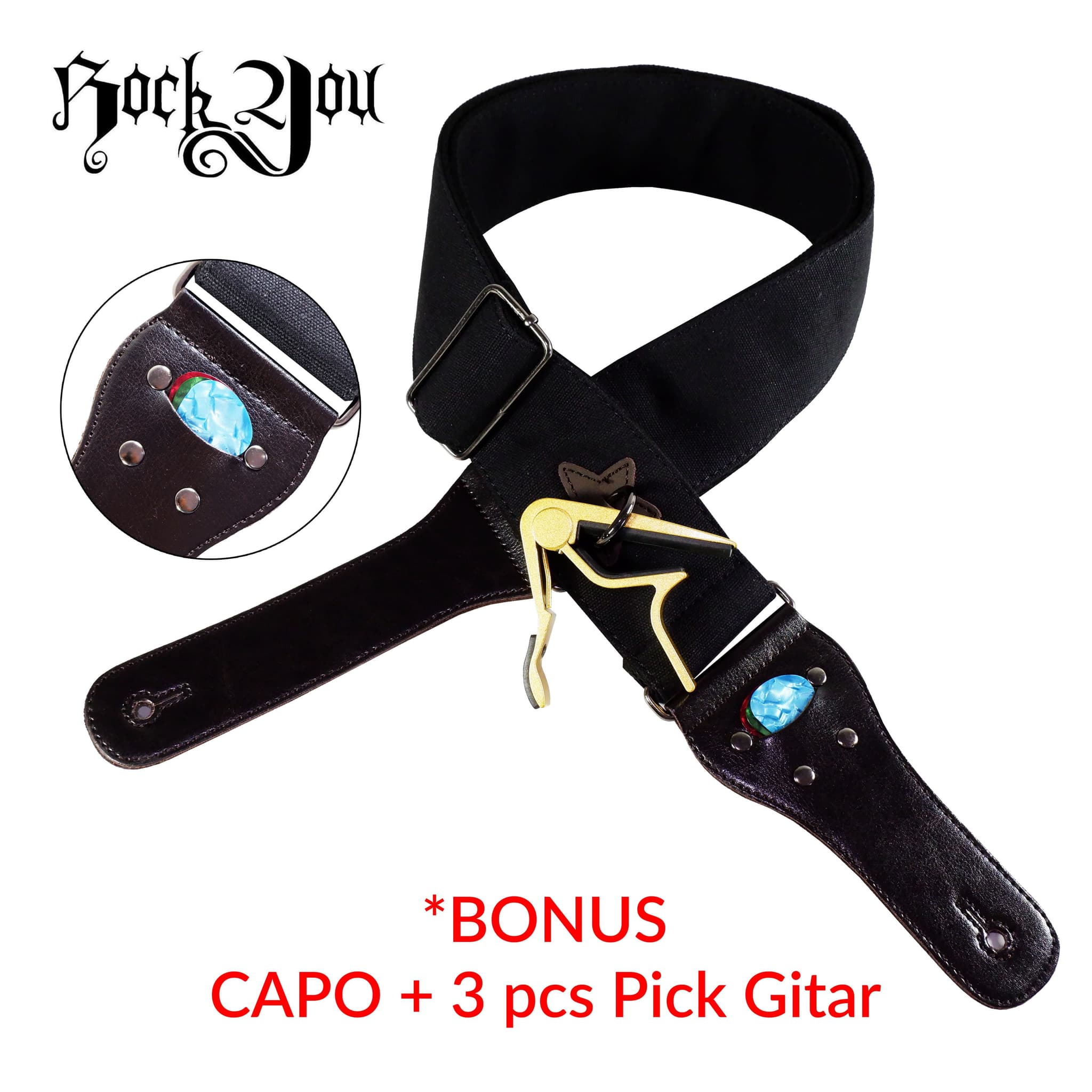Strap Gitar Bonus Capo & Pick (3 pcs) Rock You S - 650H Tali Sabuk Gitar