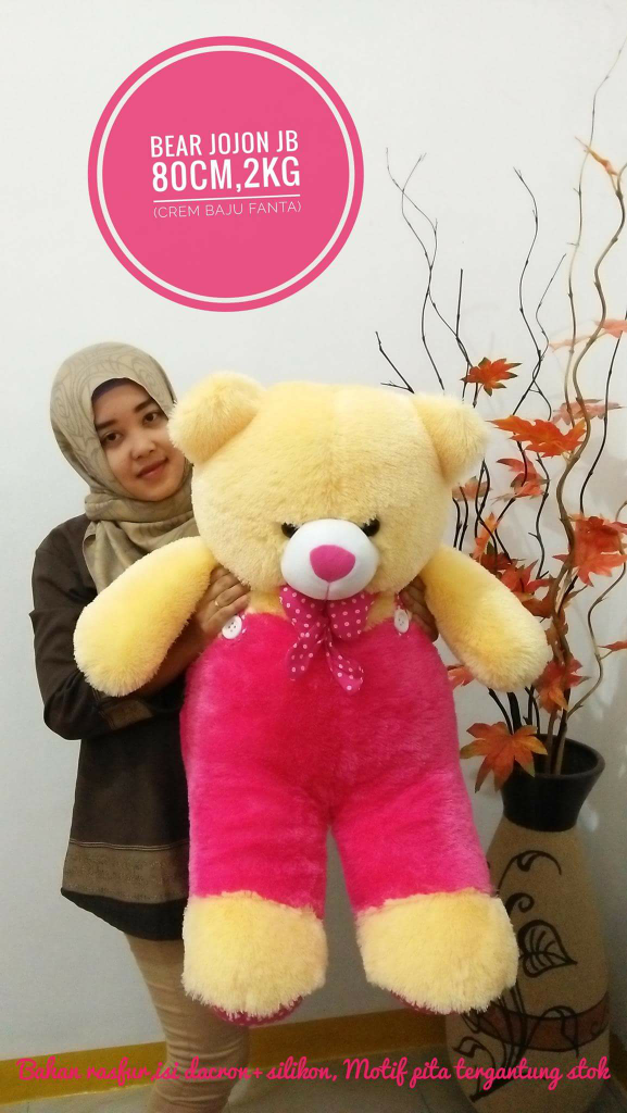 BONEKA BERUANG TEDDY BEAR JOJON JUMBO CREAM BAJU PINK FANTA -