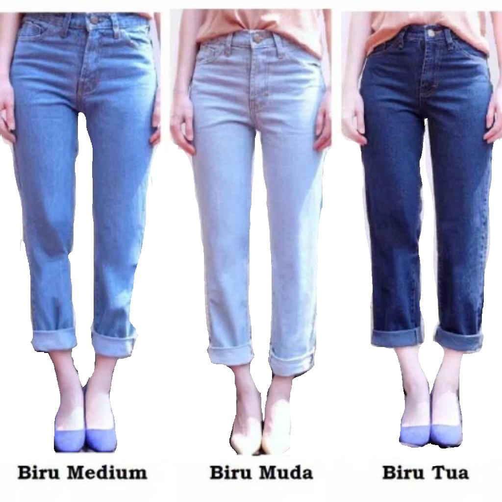 Jual Celana  Wanita Plain Boyfriend  Jeans BF Polos Biru  